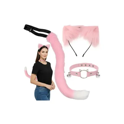 Costum carnaval, set 3 piese roz, pisica/vulpe, coada, choker, cordeluta urechi