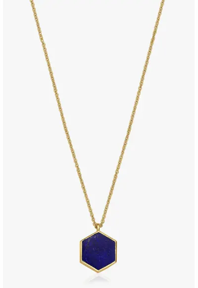 Colier de argint placat cu 2 microni de aur de 14K si decorat cu lapis lazuli - Auriu/Bleumarin