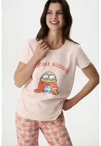 Pijama cu pantaloni lungi si imprimeu desene animate - Galben/Roz