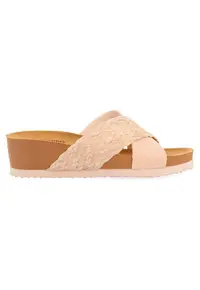 Papuci wedge de piele ecologica - Roz