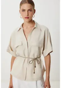 Camasa dama - Happiness Istanbul - Loose Fit - detalii cu snur - bej natural - bumbac-poliester