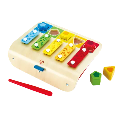 Xilofon cu 5 taste si Puzzle forme si culori, din lemn, 12luni+, Hape