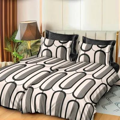 Lenjerie de Pat, 7 Piese, Bumbac Satinat Superior, cu 2 Pilote, Crem, Negru, abstract