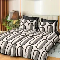 Lenjerie de Pat, 7 Piese, Bumbac Satinat Superior, cu 2 Pilote, Crem, Negru, abstract