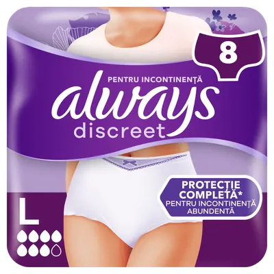 Chiloti pentru incontinenta urinara Discreet 7 picaturi L, 8 bucati, Always