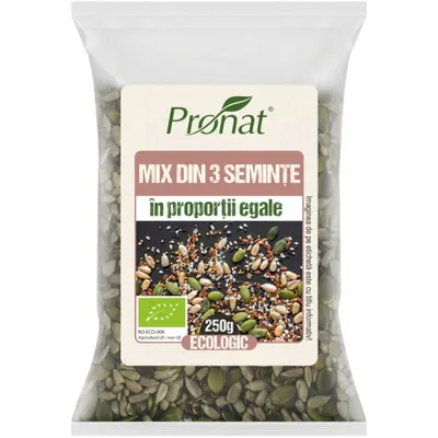 Mix din 3 Seminte BIO, Dovleac, Floarea Soarelui si In, 250 g, Pronat