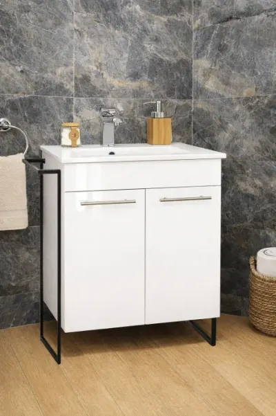 Set Baza front MDF si Lavoar seria 054, cadru metalic, montata, 60 cm, alb