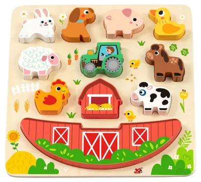 Puzzle educațional din lemn și joc de echilibru Hi Pando - Farm, 12 piese