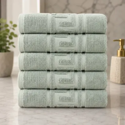 Set 5 prosoape medii, Greek Border, 50x90cm, din 100% bumbac pakistanez, 480g, Menta