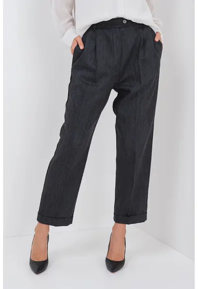 Pantaloni drepti crop de lana cu talie inalta - Gri inchis melange