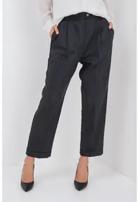 Pantaloni drepti crop de lana cu talie inalta - Gri inchis melange