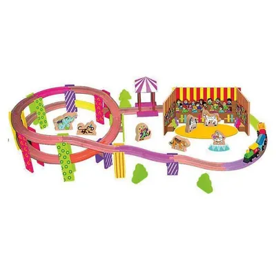 Set din lemn Woody Circ - Tren cu sine si accesorii, 70 de piese