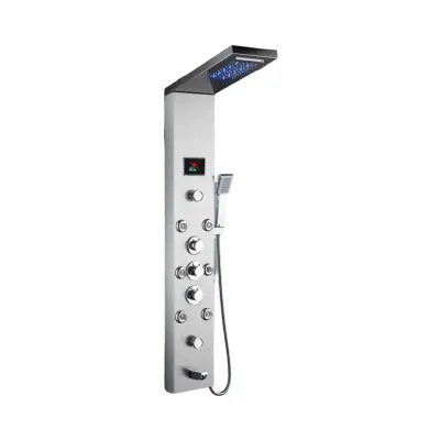 Panou dus modern din otel inoxidabil 304 cu functie cascada si jeturi multiple, montaj pe perete, culori negru, auriu si argintiu