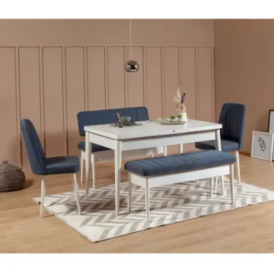 Set masa extensibila si scaune VINA, 5 piese, alb + albastru inchis, 165x80x75 cm
