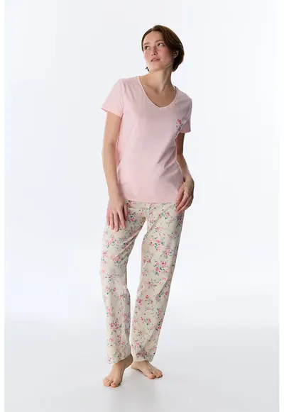 Pijama lunga cu decolteu in V - Roz pastel/Bej