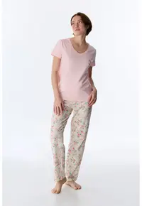 Pijama lunga cu decolteu in V - Roz pastel/Bej