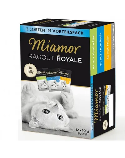 MIAMOR Ragout Royale Multibox 12 x 100 g hrana completa pentru pisici, cu iepure, ton si pui.
