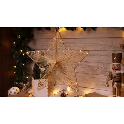 Stea LED de Craciun, aurie, metal, fara baterii Timer 6+18h, 20LED, 3000K, 2xAA