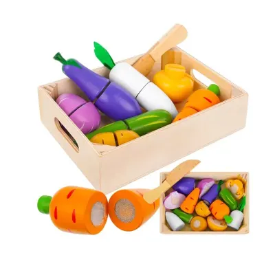 Ladita cu legume de taiat, 9 elemente din lemn, reconectare cu velcro, multicolor