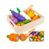 Ladita cu legume de taiat, 9 elemente din lemn, reconectare cu velcro, multicolor