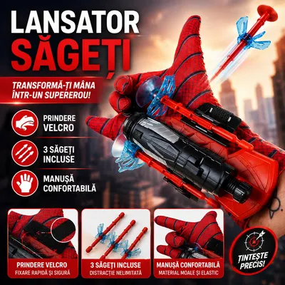 Lansator de Sageti, Manusa lui SpiderMan, din material textil cu lansator si trei sageti, pentru copii