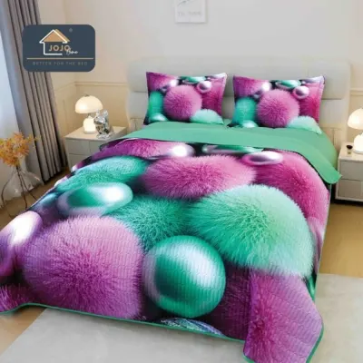 Cuvertura Matlasata, Bumbac Finet, cu Imprimeu 5D, 220x240cm + 2 fete de perna 50x70cm, Roz, Menta, Sfere Pufoase
