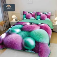 Cuvertura Matlasata, Bumbac Finet, cu Imprimeu 5D, 220x240cm + 2 fete de perna 50x70cm, Roz, Menta, Sfere Pufoase