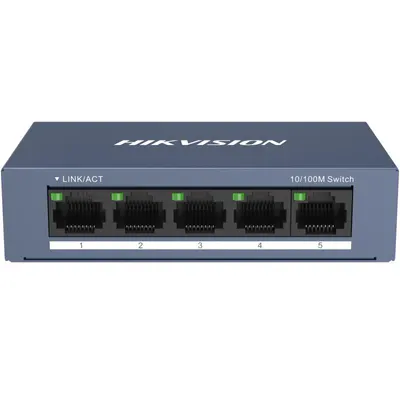 Switch Hikvision DS-3E0105-O: 5 × 10/100 Mbps RJ45 Port, tensiune alimentare 5 VDC, 1A., dimensiuni: 103.05 mm × 25.6 mm × 61.1