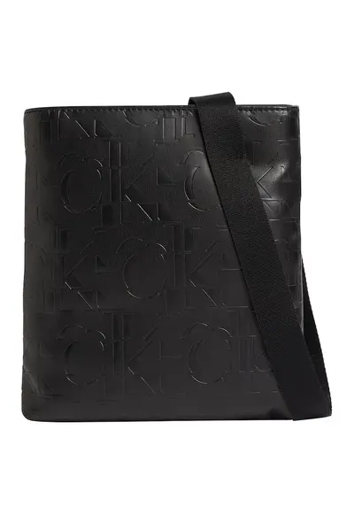 Geanta crossbody de piele ecologica cu monograme in relief - Negru
