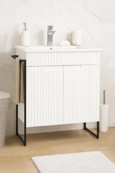 Set Baza front MDF si Lavoar seria 033, cadru metalic, montata, 60 cm, alb rustic