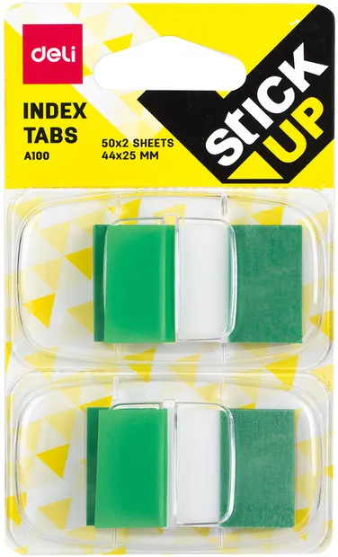 Indexuri autoadezive Deli - 25 х 44 mm, 2 х 50 foi, verde