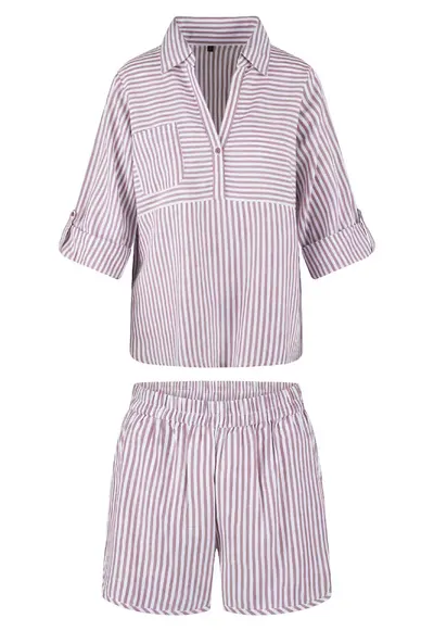 Pijama cu model in dungi si pantaloni scurti - Alb/Lila