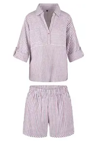 Pijama cu model in dungi si pantaloni scurti - Alb/Lila