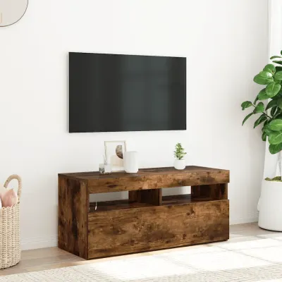 vidaXL Comodă TV cu lumini LED, stejar fumuriu, 90x35x40 cm