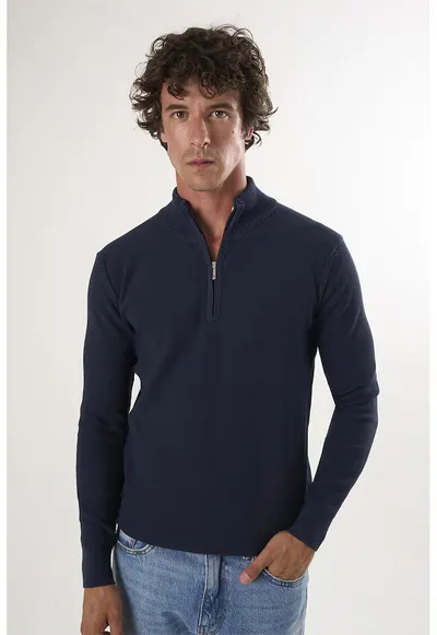 Pulover slim-fit cu fenta cu fermoar - Albastru ultramarin