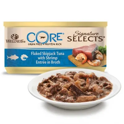 Hrana umeda pentru pisici Wellness Core Signature Select cu ton si creveti in supa 79 g
