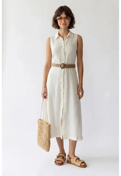 Rochie Camasa Midi - Alb Prafuit - Bumbac - Fara Maneci - Cu Cordon