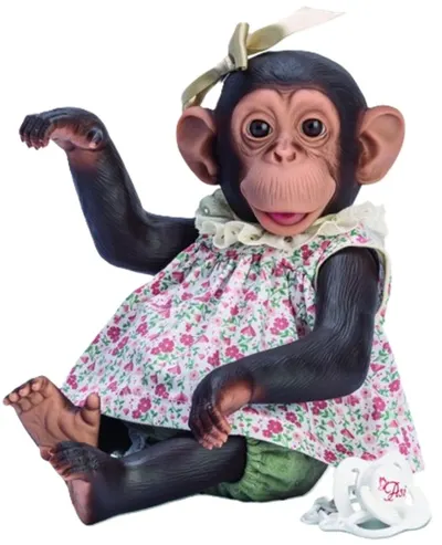 Păpușă maimuță Asi Dolls Animal Reborn - Lola, cu rochie cu flori și panglică din satin, 32 cm