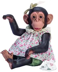Păpușă maimuță Asi Dolls Animal Reborn - Lola, cu rochie cu flori și panglică din satin, 32 cm
