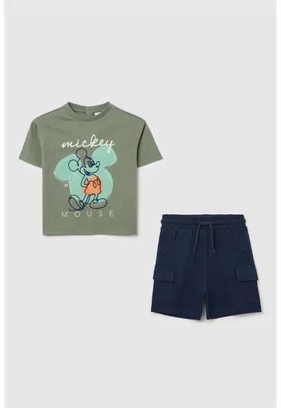 Set de pantaloni scurti si tricou cu broderie Mickey Mouse - Kaki/Bleumarin