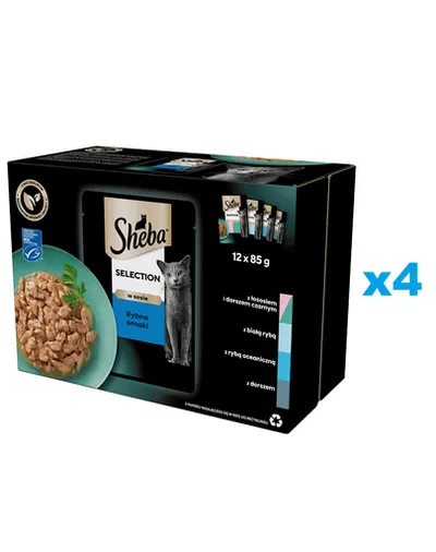 SHEBA Selection varietate plicuri in sos 48x85 g hrana umeda cu somon si cod, peste alb, peste oceanic, cod pentru pisici