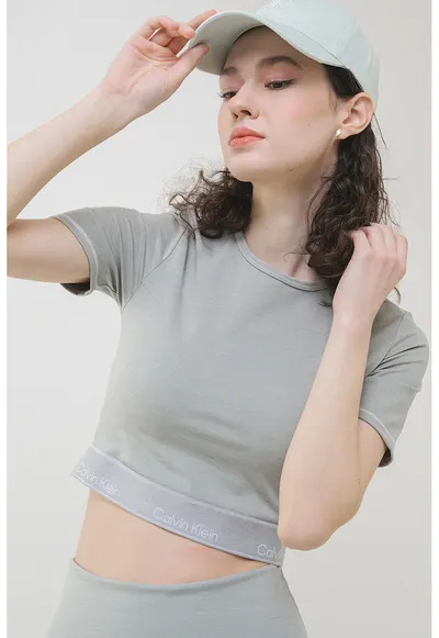 Tricou crop cu logo - pentru fitness - Gri melange