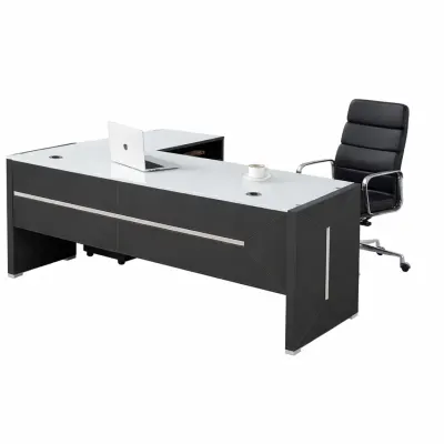 Set Elegance & Qualia - Birou Managerial cu blat din sticla si Scaun de birou ergonomic ,reglabil din piele