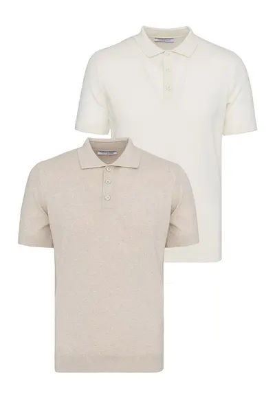 Set de tricouri din bumbac cu guler polo - 2 piese - Alb/Bej