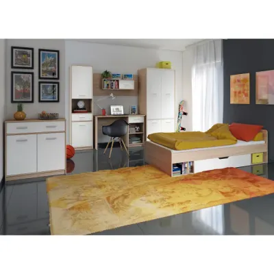 Set dormitor TIPS, 6 piese, pat 90x200 cm, dulap 4 usi, biblioteca, birou, comoda, raft, stejar sonoma + alb