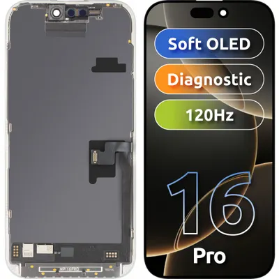 Display cu Touchscreen MP compatibil cu Apple iPhone 16 Pro, cu Rama, Versiune Soft OLED FHD 120Hz Diagnostic, Negru