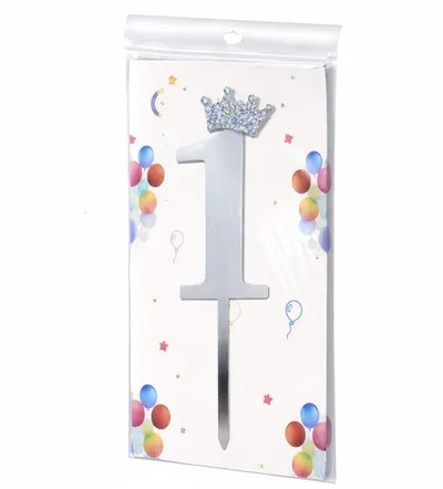 Topper tort cifra 1 cu coroana sclipitoare, argintiu, efect oglinda, 17.5 cm