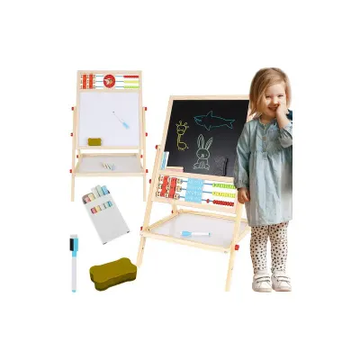 Tabla magnetica cu 2 fete, socotitoare, suport si accesorii, 32 x 41 x 67 cm, cadru din lemn