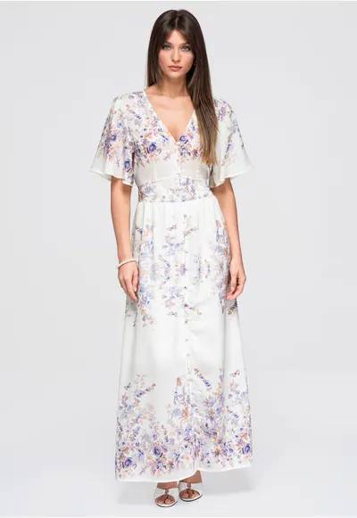 Rochie maxi cu decolteu in V - maneci scurte si imprimeu floral LA-OM-DLR380 - Alb