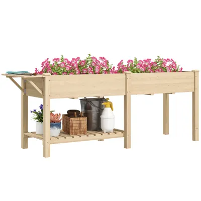 Outsunny Strat Înălțat de Grădină cu Masă Laterală, Raft Inferior și Orificii de Drenaj, 207x59x78 cm, Lemn Natural | Aosom Romania